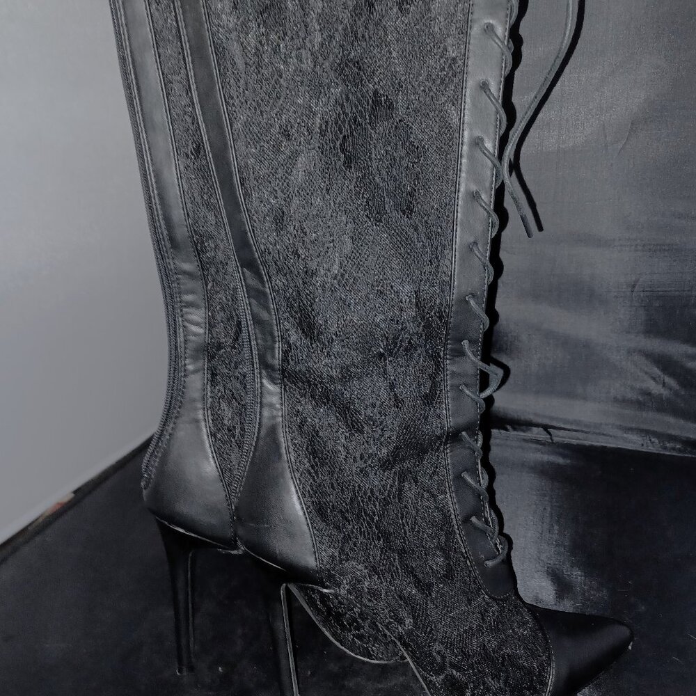 Fashion Nova womens knee high black lace boots size 9 stiletto heel Hena zipper